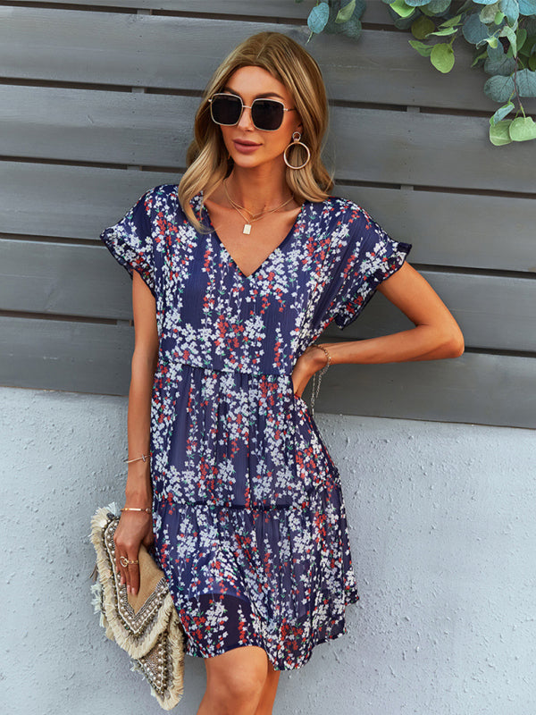 Woven V-Neck Printed Loose Short Sleeve Chiffon Dress kakaclo