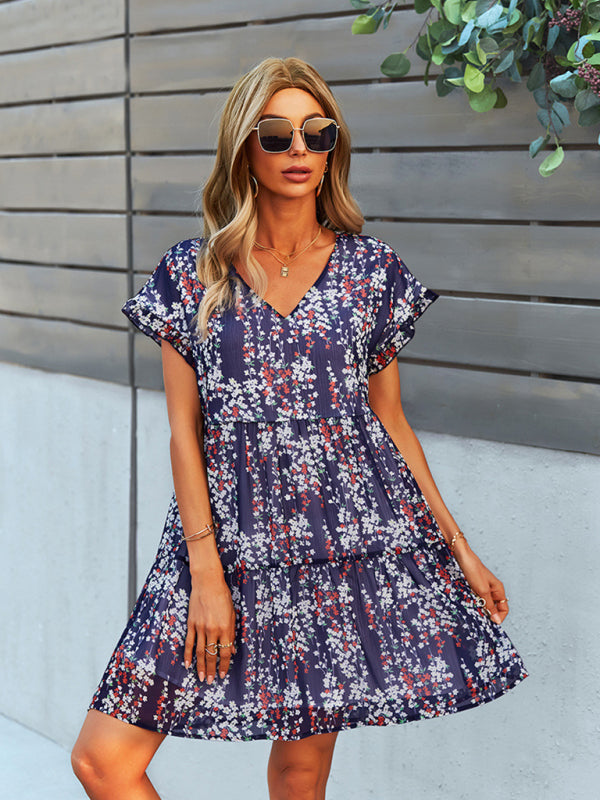Woven V-Neck Printed Loose Short Sleeve Chiffon Dress kakaclo