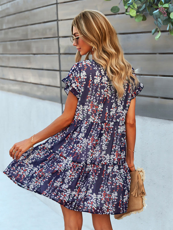Woven V-Neck Printed Loose Short Sleeve Chiffon Dress kakaclo