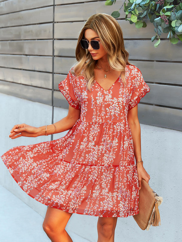 Woven V-Neck Printed Loose Short Sleeve Chiffon Dress kakaclo