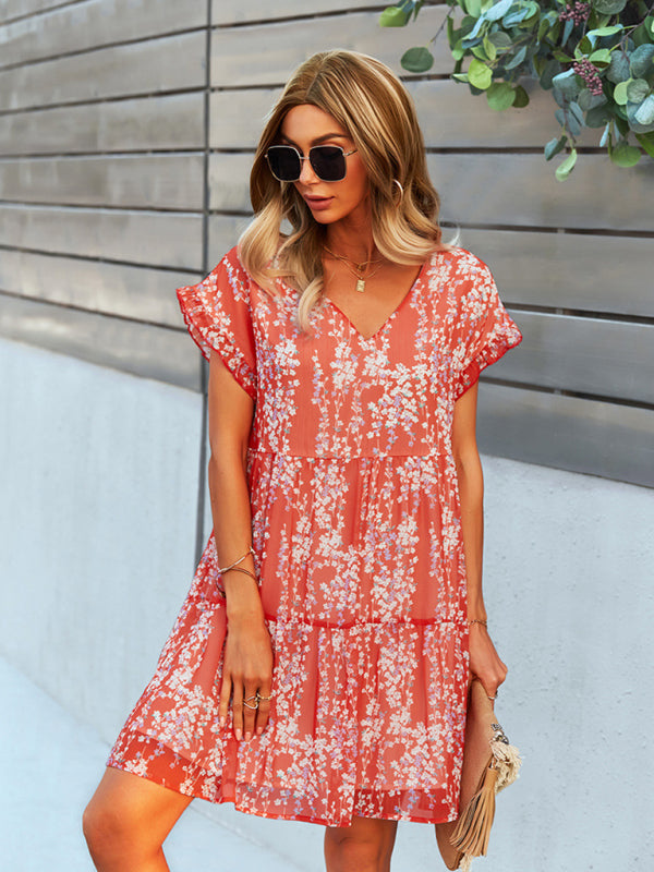 Woven V-Neck Printed Loose Short Sleeve Chiffon Dress kakaclo