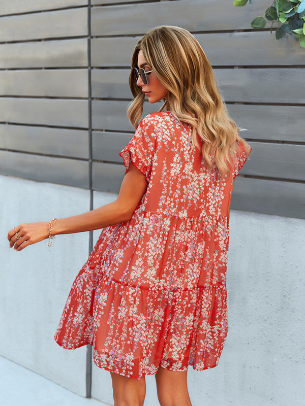 Woven V-Neck Printed Loose Short Sleeve Chiffon Dress kakaclo