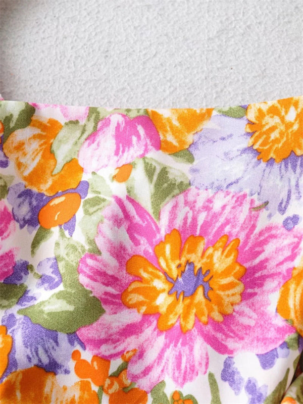 Back tie design backless dress fresh and sweet short skirt popular ruffled print A-line skirt kakaclo