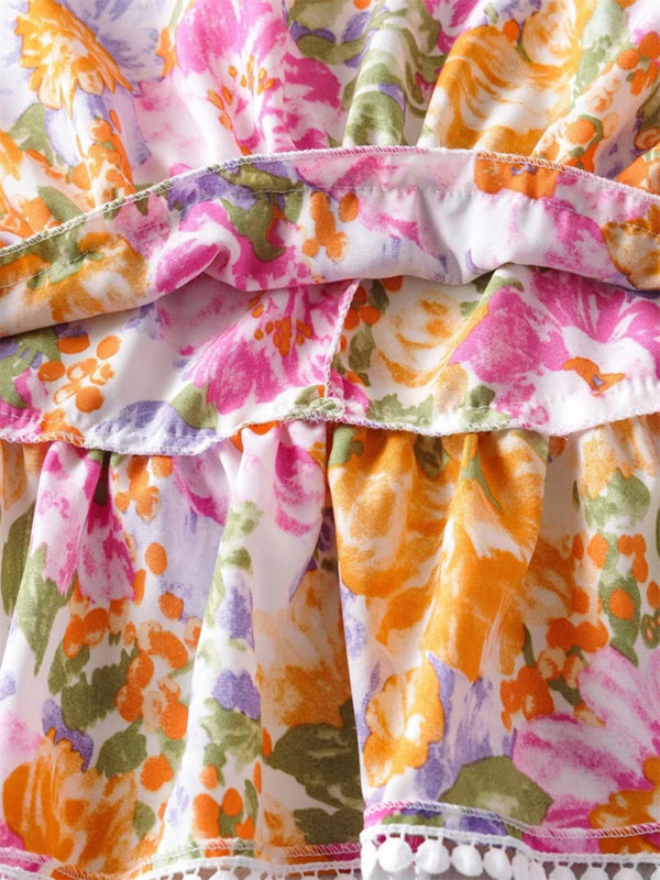 Back tie design backless dress fresh and sweet short skirt popular ruffled print A-line skirt kakaclo