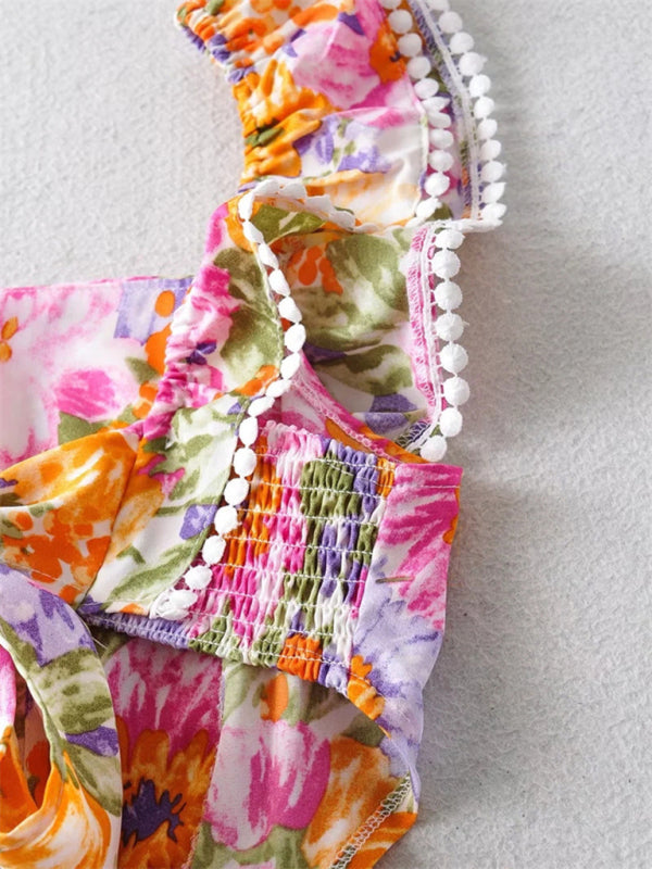 Back tie design backless dress fresh and sweet short skirt popular ruffled print A-line skirt kakaclo