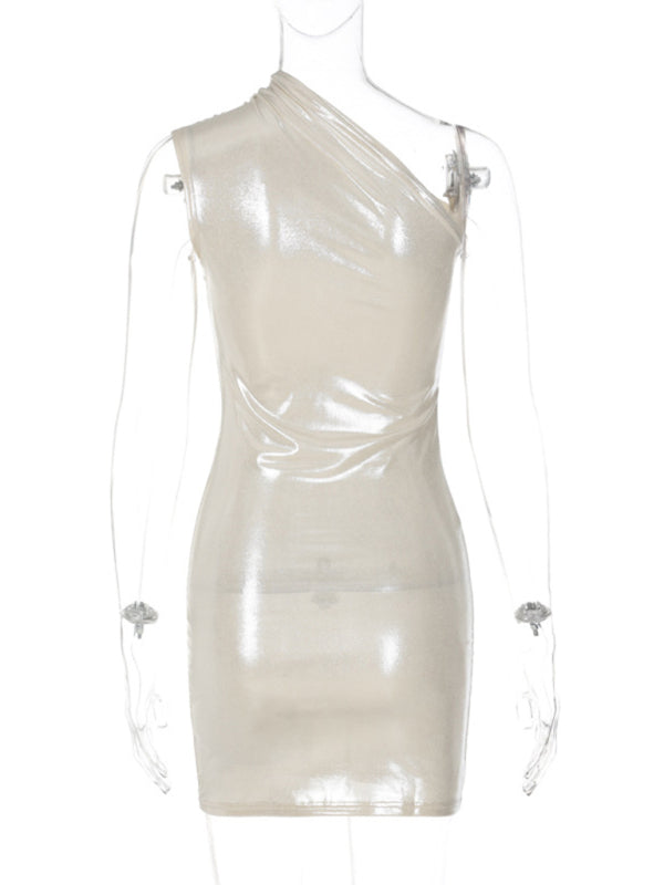 Blue Zone Planet |  New Sexy Slim Solid Color Slant Shoulder Sleeveless Hip Dress kakaclo