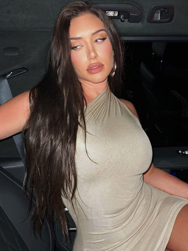 Blue Zone Planet |  New Sexy Slim Solid Color Slant Shoulder Sleeveless Hip Dress kakaclo