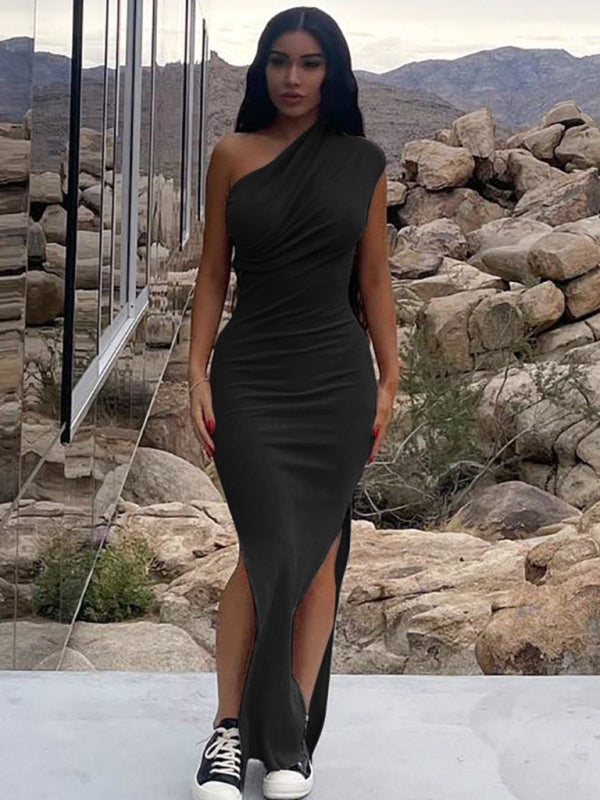 Solid Color Pleated Shoulder Slit Slim Long Dress kakaclo
