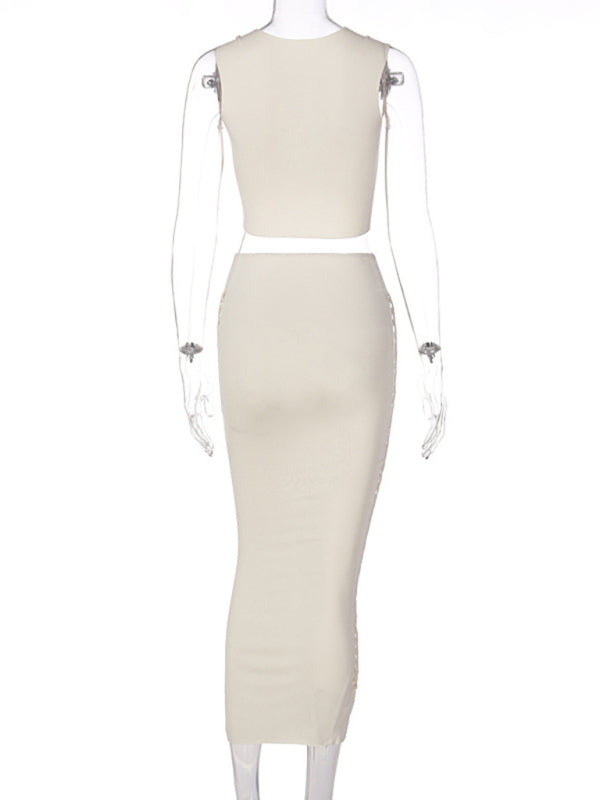 Blue Zone Planet | Summer Fashion Solid Color Hollow Round Neck Vest Slim Skirt Set kakaclo