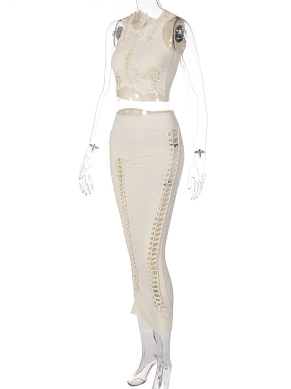 Blue Zone Planet | Summer Fashion Solid Color Hollow Round Neck Vest Slim Skirt Set kakaclo