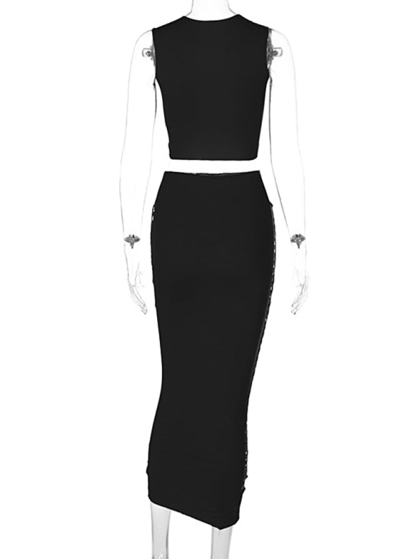 Blue Zone Planet | Summer Fashion Solid Color Hollow Round Neck Vest Slim Skirt Set kakaclo