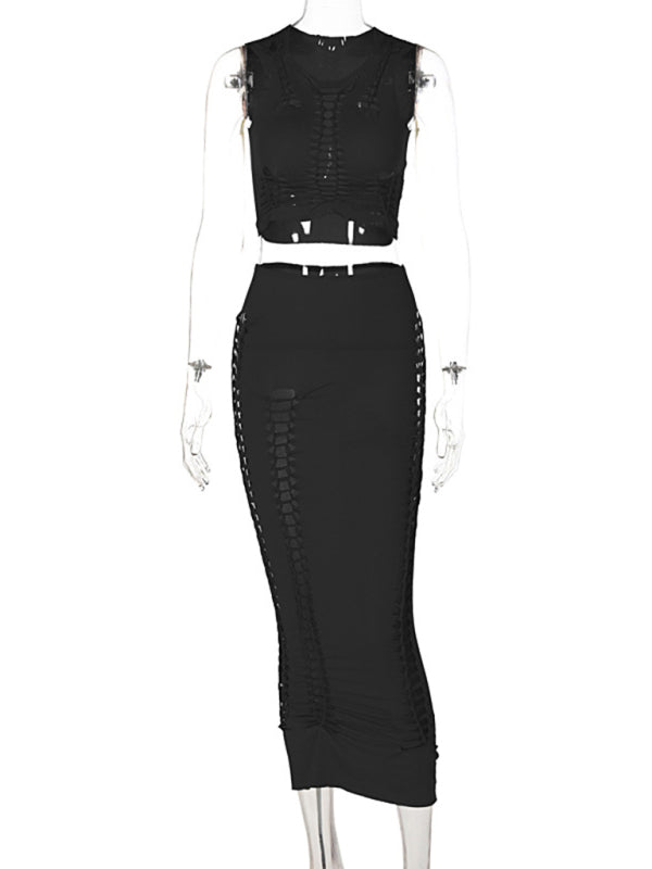 Blue Zone Planet | Summer Fashion Solid Color Hollow Round Neck Vest Slim Skirt Set kakaclo