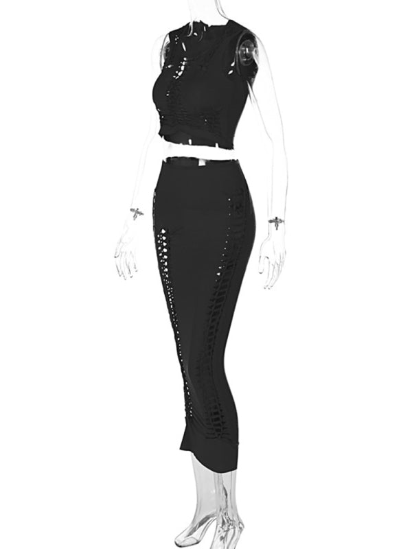 Blue Zone Planet | Summer Fashion Solid Color Hollow Round Neck Vest Slim Skirt Set kakaclo