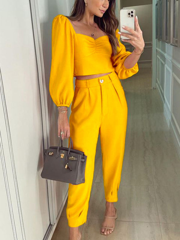 Blue Zone Planet | Solid color square collar high waist trousers two-piece set BLUE ZONE PLANET