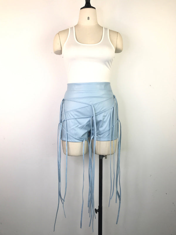 PU leather pants INS style leather rope braided low waist shorts kakaclo