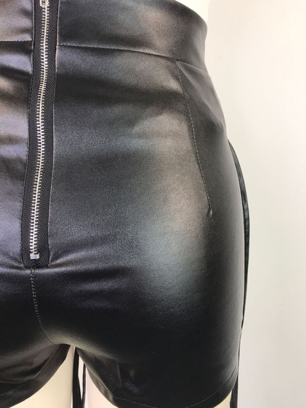 PU leather pants INS style leather rope braided low waist shorts kakaclo