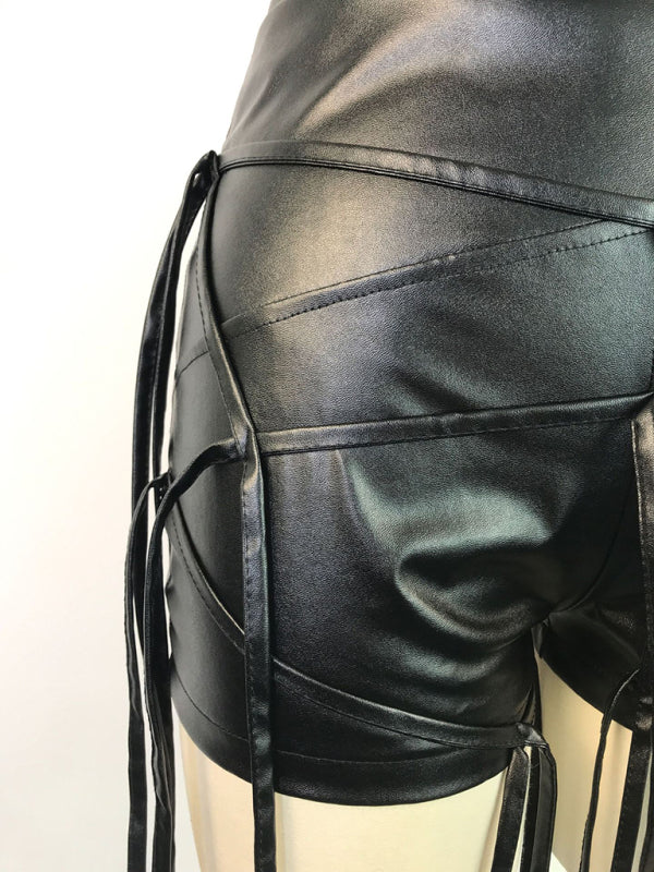 PU leather pants INS style leather rope braided low waist shorts kakaclo