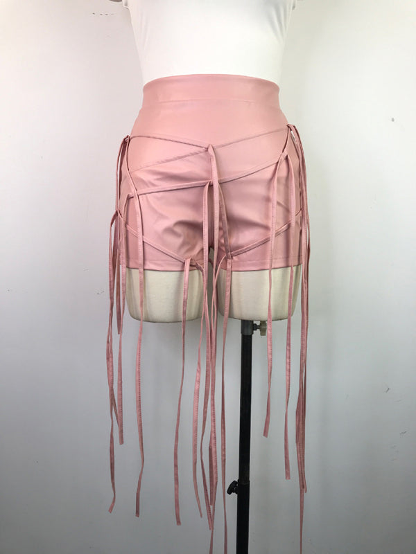 PU leather pants INS style leather rope braided low waist shorts kakaclo