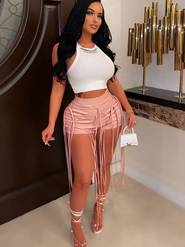 PU leather pants INS style leather rope braided low waist shorts kakaclo