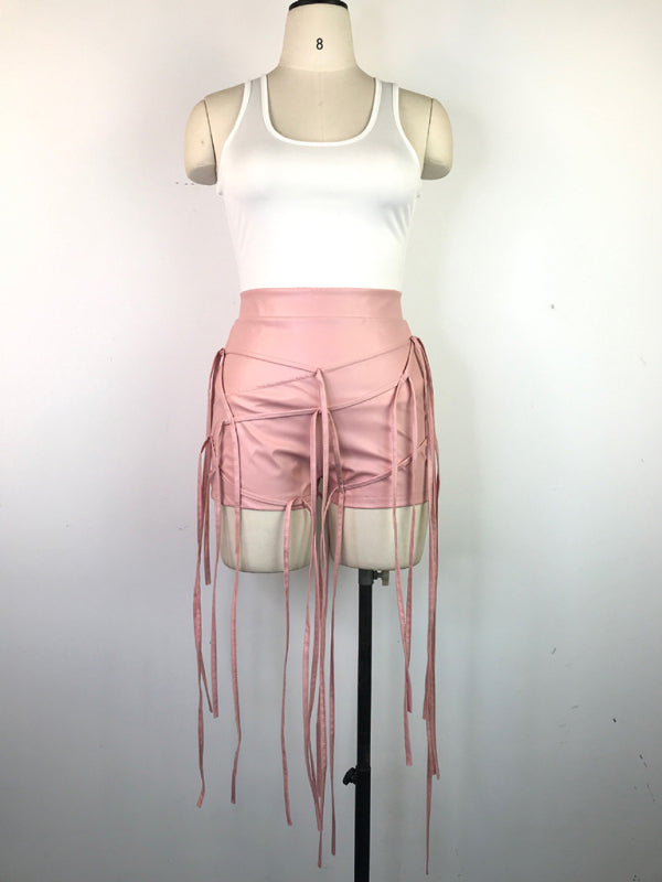 PU leather pants INS style leather rope braided low waist shorts kakaclo