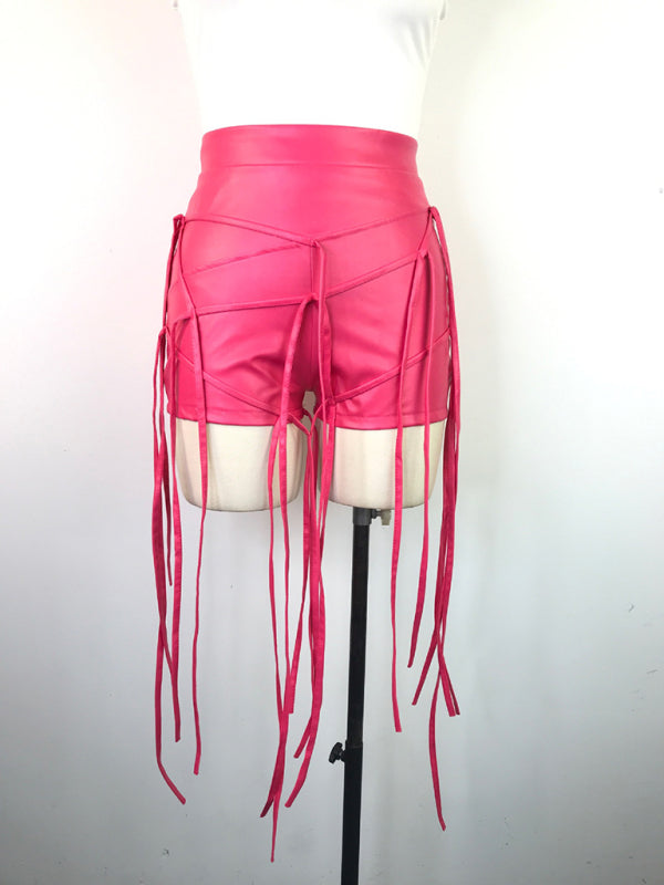 PU leather pants INS style leather rope braided low waist shorts kakaclo