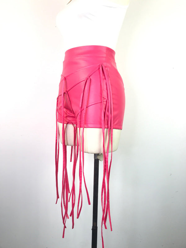 PU leather pants INS style leather rope braided low waist shorts kakaclo