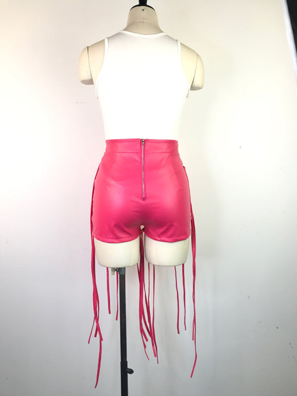 PU leather pants INS style leather rope braided low waist shorts kakaclo