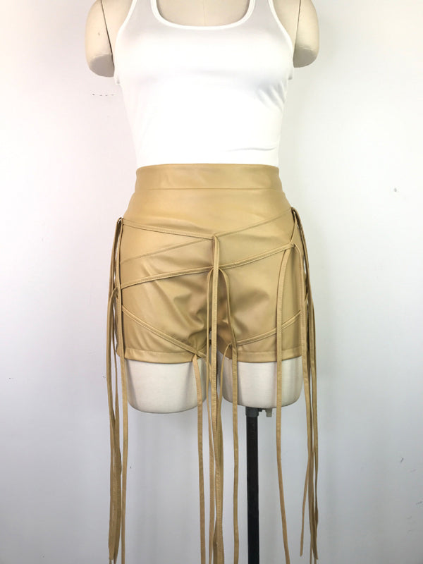 PU leather pants INS style leather rope braided low waist shorts kakaclo