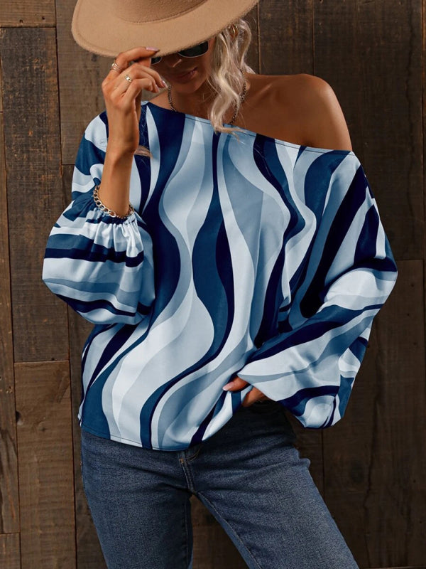 Blue Zone Planet | Women's Alphabet Print One Shoulder Loose Balloon Sleeve Top BLUE ZONE PLANET