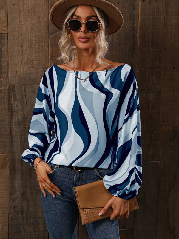 Blue Zone Planet | Women's Alphabet Print One Shoulder Loose Balloon Sleeve Top BLUE ZONE PLANET