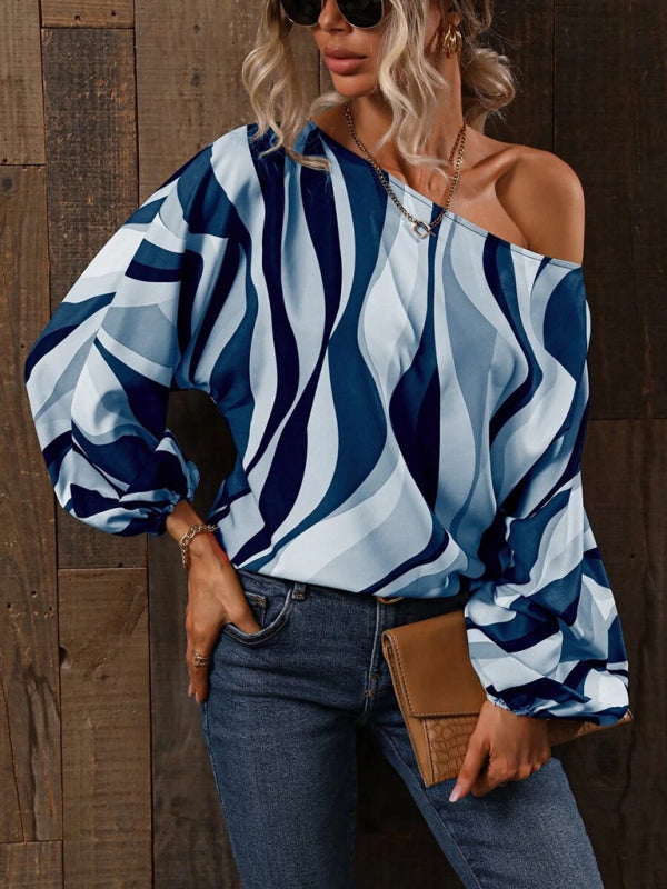 Blue Zone Planet | Women's Alphabet Print One Shoulder Loose Balloon Sleeve Top BLUE ZONE PLANET