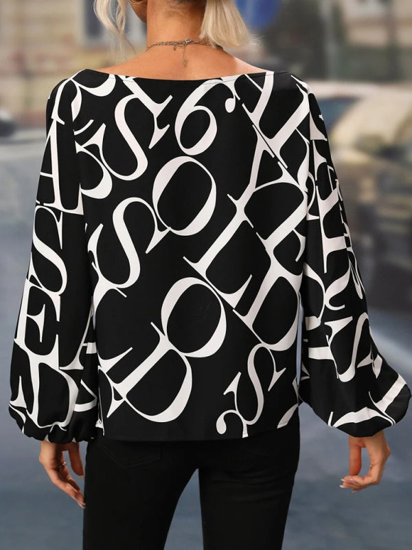Blue Zone Planet | Women's Alphabet Print One Shoulder Loose Balloon Sleeve Top BLUE ZONE PLANET