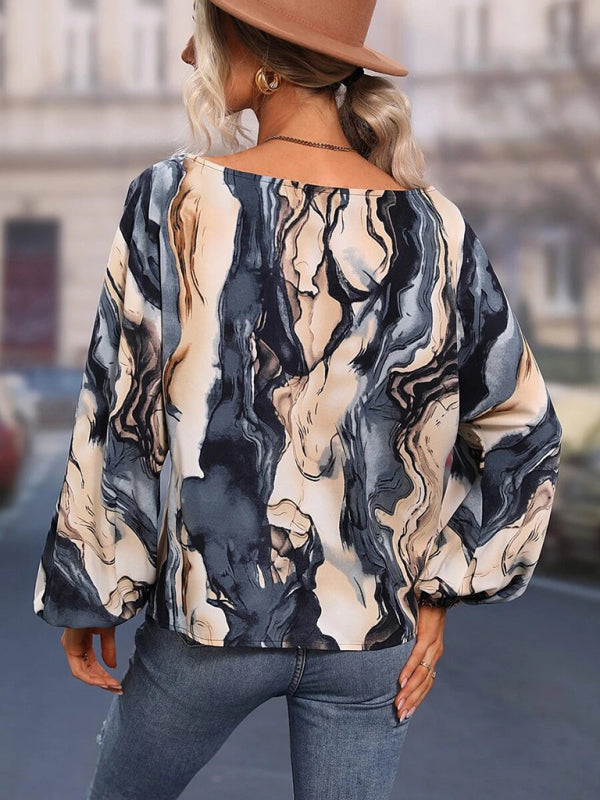 Blue Zone Planet | Women's Alphabet Print One Shoulder Loose Balloon Sleeve Top BLUE ZONE PLANET