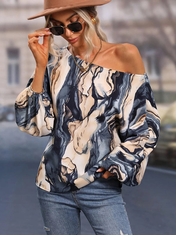 Blue Zone Planet | Women's Alphabet Print One Shoulder Loose Balloon Sleeve Top BLUE ZONE PLANET