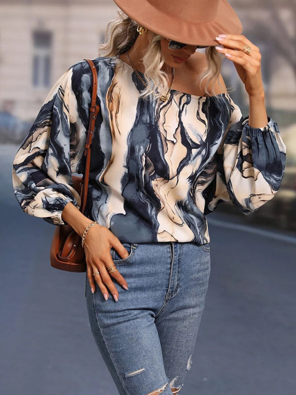 Blue Zone Planet | Women's Alphabet Print One Shoulder Loose Balloon Sleeve Top BLUE ZONE PLANET
