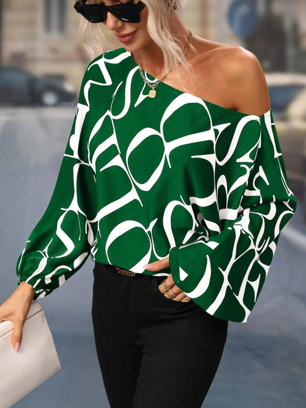 Blue Zone Planet | Women's Alphabet Print One Shoulder Loose Balloon Sleeve Top BLUE ZONE PLANET