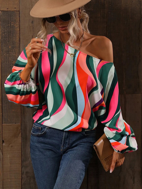 Blue Zone Planet | Women's Alphabet Print One Shoulder Loose Balloon Sleeve Top BLUE ZONE PLANET
