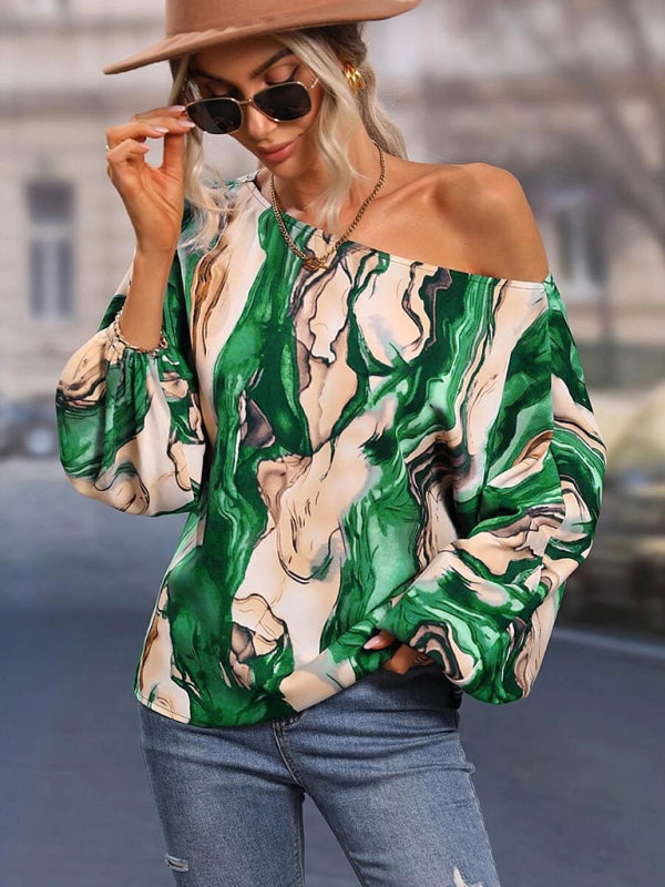 Blue Zone Planet | Women's Alphabet Print One Shoulder Loose Balloon Sleeve Top BLUE ZONE PLANET