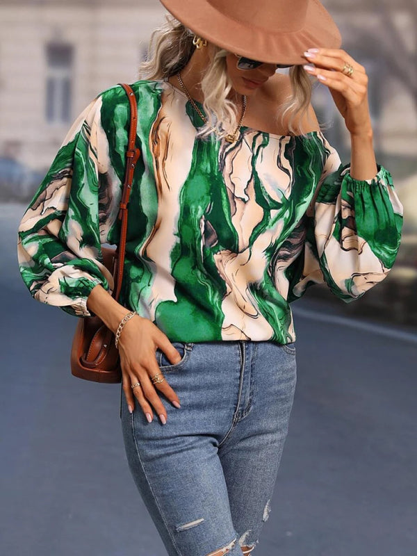 Blue Zone Planet | Women's Alphabet Print One Shoulder Loose Balloon Sleeve Top BLUE ZONE PLANET