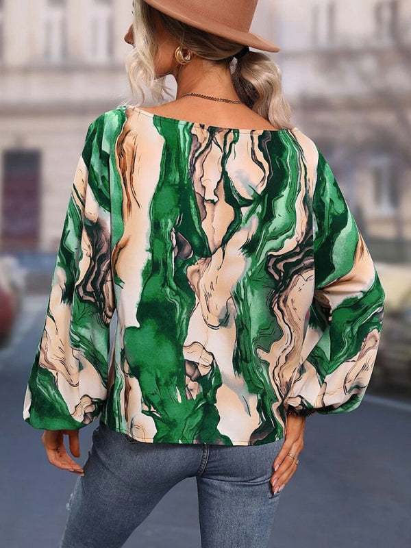 Blue Zone Planet | Women's Alphabet Print One Shoulder Loose Balloon Sleeve Top BLUE ZONE PLANET