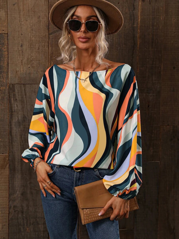 Blue Zone Planet | Women's Alphabet Print One Shoulder Loose Balloon Sleeve Top BLUE ZONE PLANET