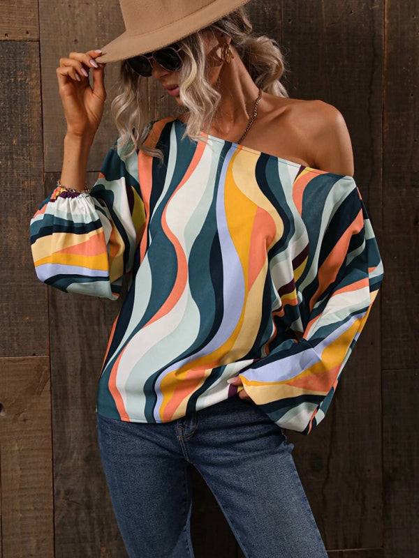 Blue Zone Planet | Women's Alphabet Print One Shoulder Loose Balloon Sleeve Top BLUE ZONE PLANET