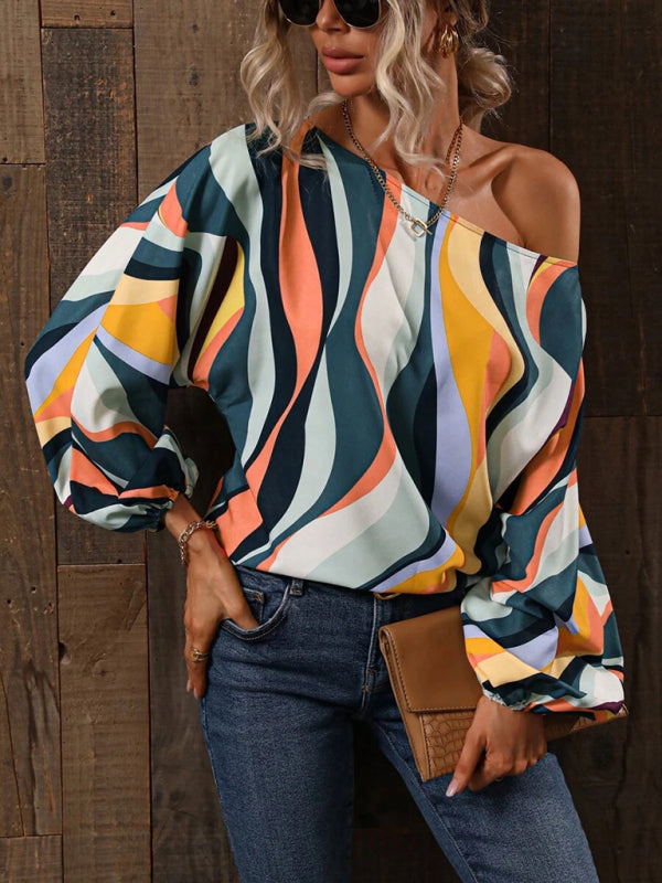 Blue Zone Planet | Women's Alphabet Print One Shoulder Loose Balloon Sleeve Top BLUE ZONE PLANET