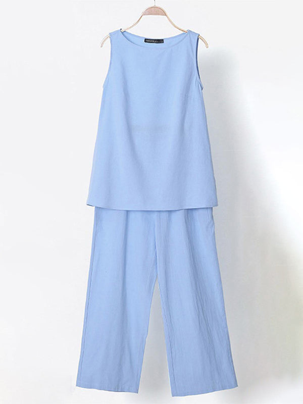 Blue Zone Planet | Mia's Solid Color Cotton Linen Sleeveless Top and Wide-Leg Pants Two-Piece Suit BLUE ZONE PLANET