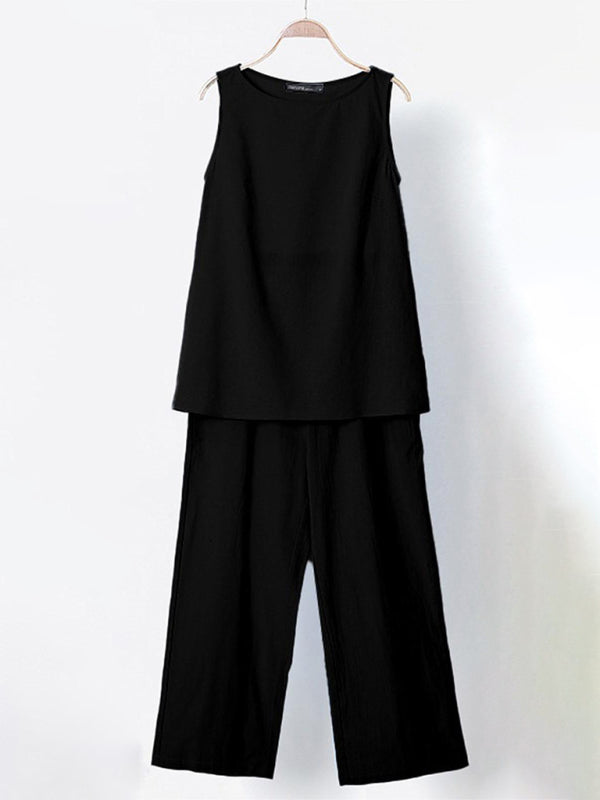 Blue Zone Planet | Mia's Solid Color Cotton Linen Sleeveless Top and Wide-Leg Pants Two-Piece Suit BLUE ZONE PLANET