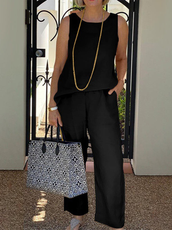 Blue Zone Planet | Mia's Solid Color Cotton Linen Sleeveless Top and Wide-Leg Pants Two-Piece Suit BLUE ZONE PLANET