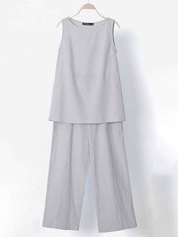 Blue Zone Planet | Mia's Solid Color Cotton Linen Sleeveless Top and Wide-Leg Pants Two-Piece Suit BLUE ZONE PLANET