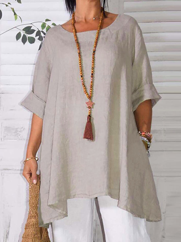 Round Neck Asymmetric Hem Solid Short Sleeve Shirt kakaclo