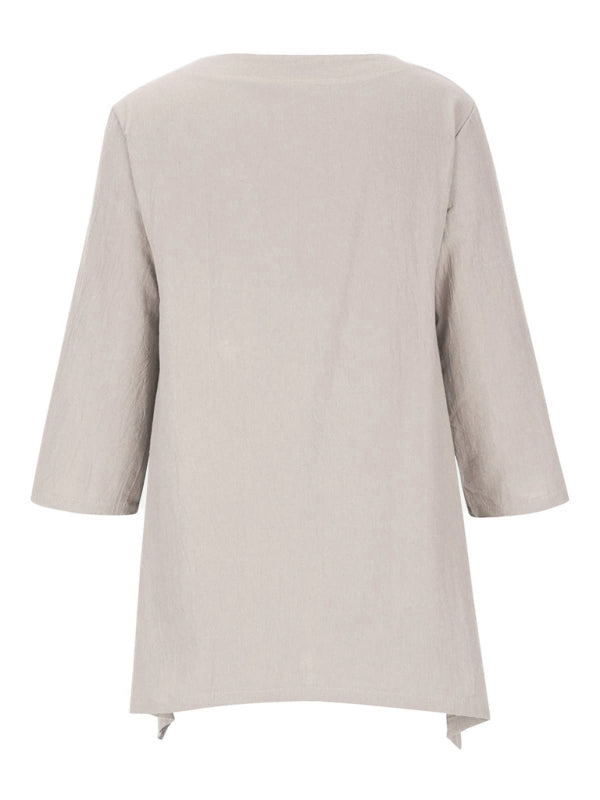 Round Neck Asymmetric Hem Solid Short Sleeve Shirt kakaclo