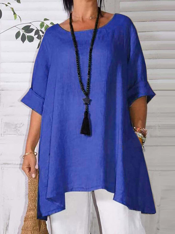 Round Neck Asymmetric Hem Solid Short Sleeve Shirt kakaclo